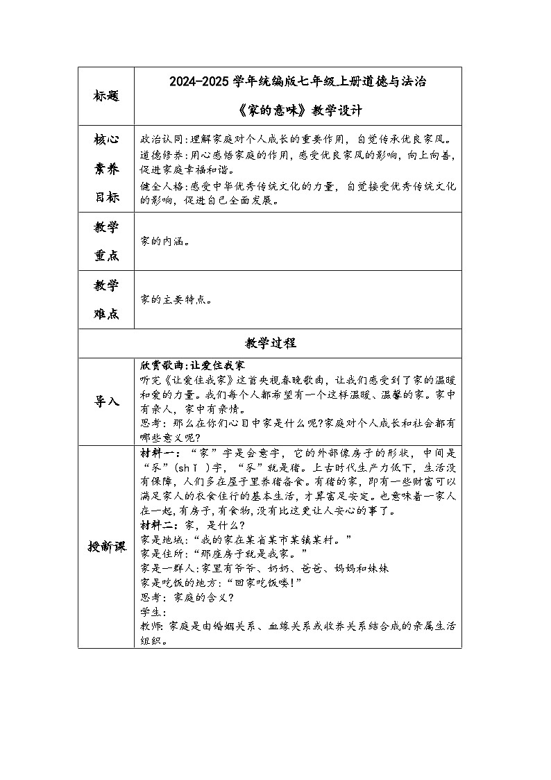 2024-2025學(xué)年統(tǒng)編版七年級(jí)上冊(cè)道德與法治《家的意味》教學(xué)設(shè)計(jì)第1頁(yè)