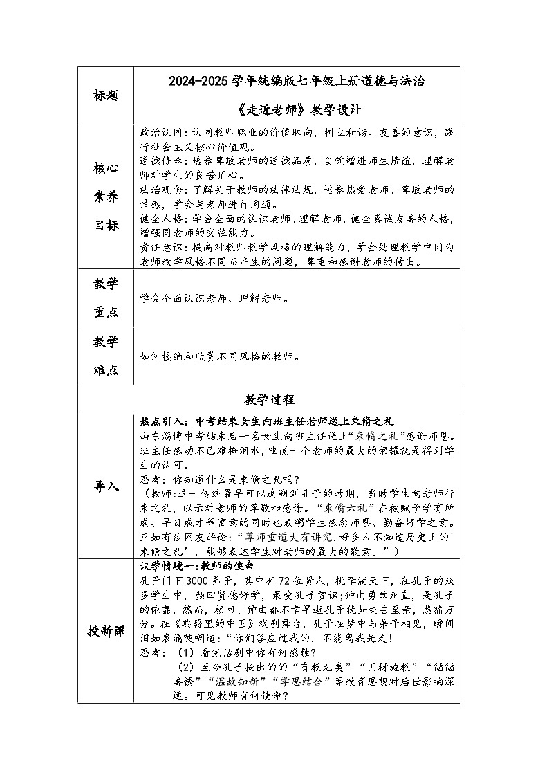2024-2025学年统编版七年级上册道德与法治《走近老师》教学设计01