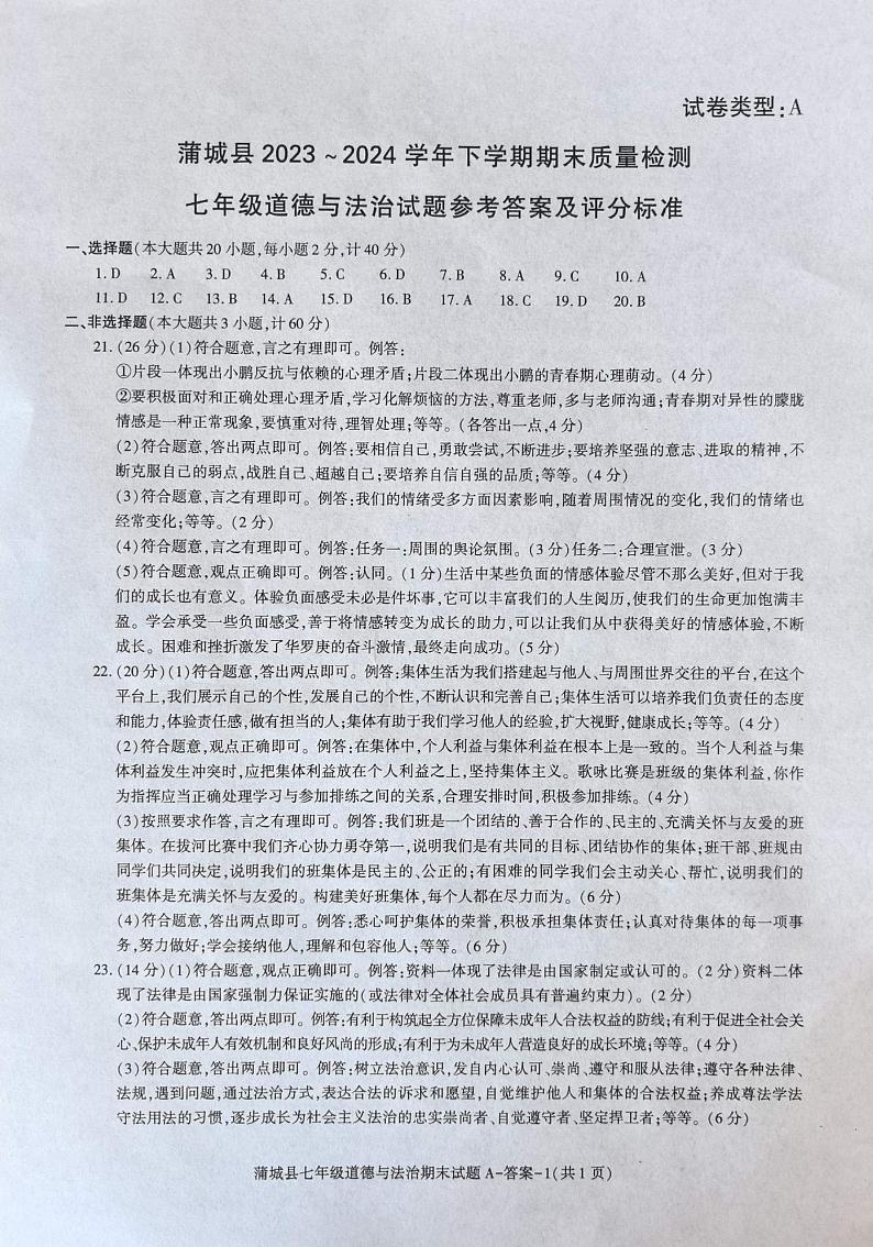 陕西省渭南市蒲城县2023-2024学年七年级下学期期末道德与法治试题01