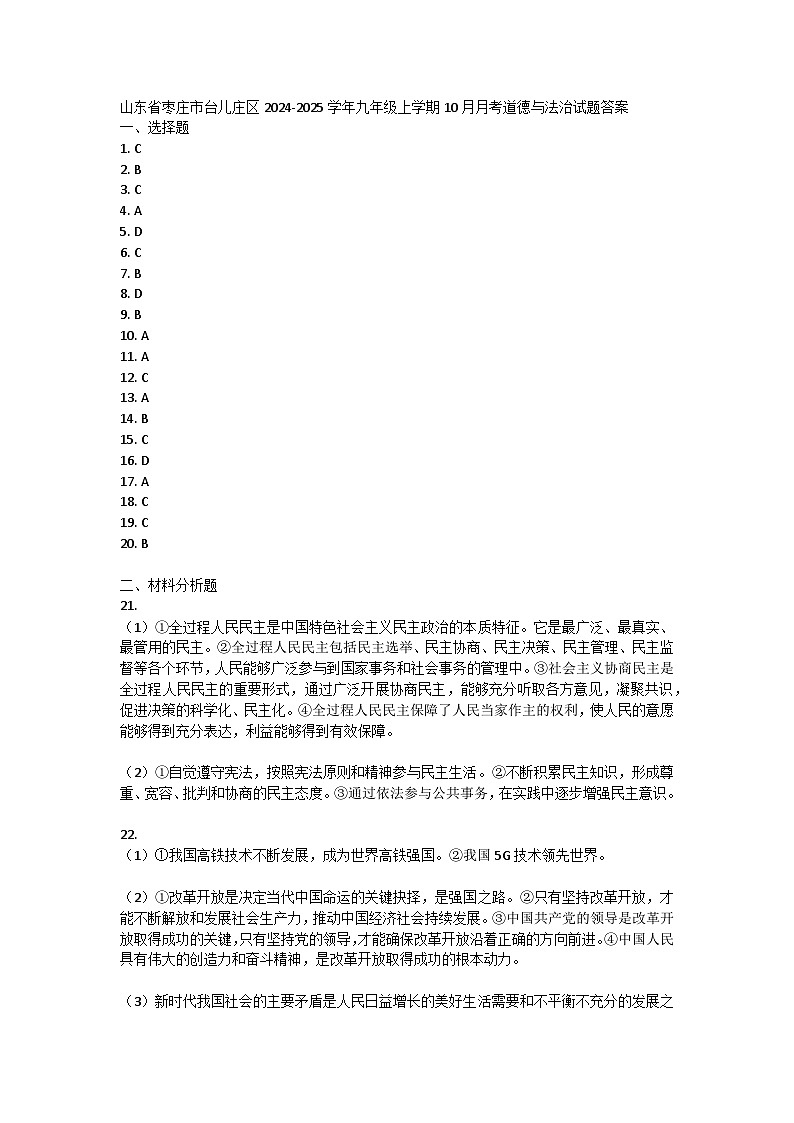 山东省枣庄市台儿庄区2024-2025学年九年级上学期10月月考道德与法治试题01