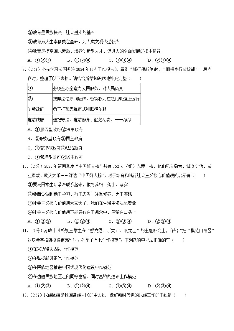 2024年内蒙古赤峰市中考道德与法治试卷03