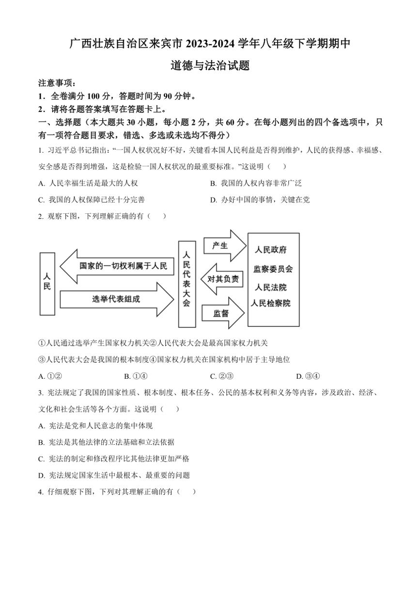 [政治]广西壮族自治区来宾市2023～2024学年八年级下学期期中试题