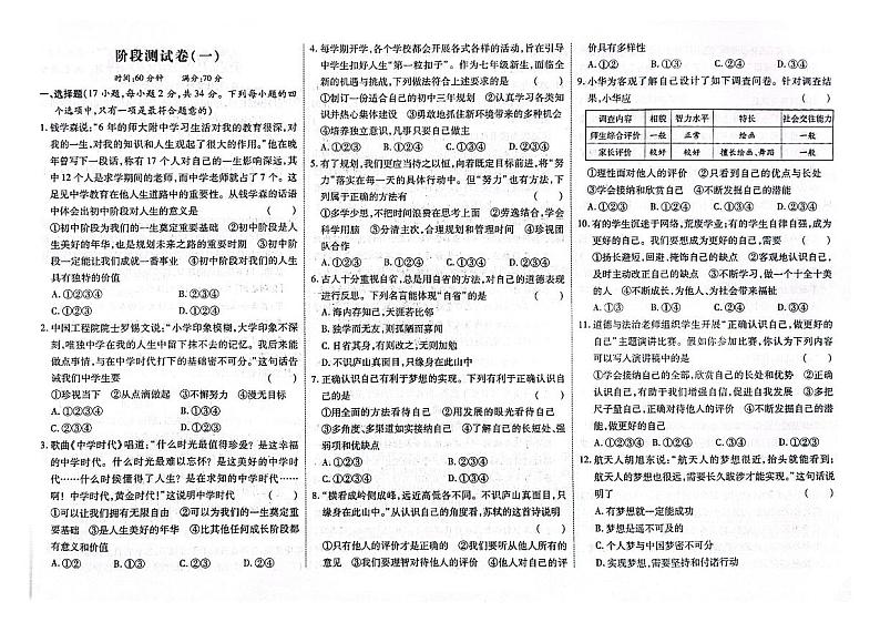 吉林省白山市抚松县2024-2025学年七年级上学期第一次月考道德与法治试卷01