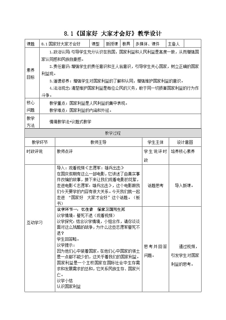 部编人教版初中道德与法治8年级上册8.1国家好大家才会好(教案)第1页