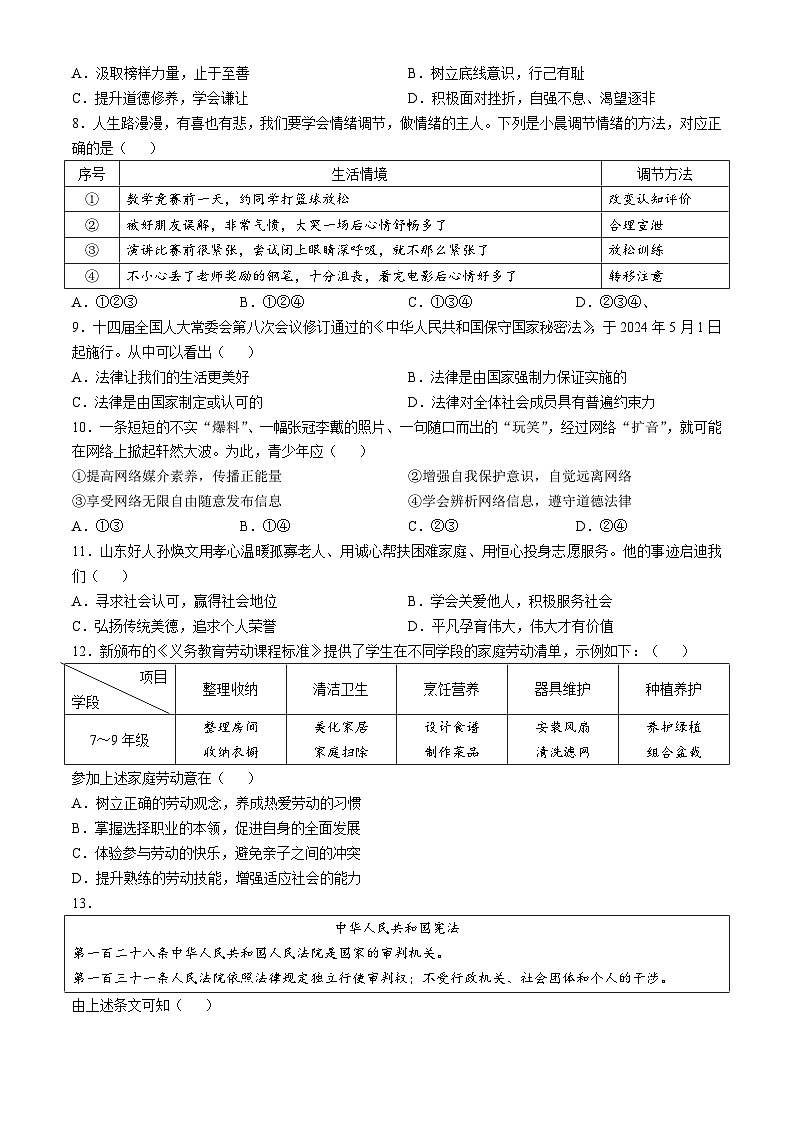 2024年山东省日照市中考道德与法治真题(无答案)02