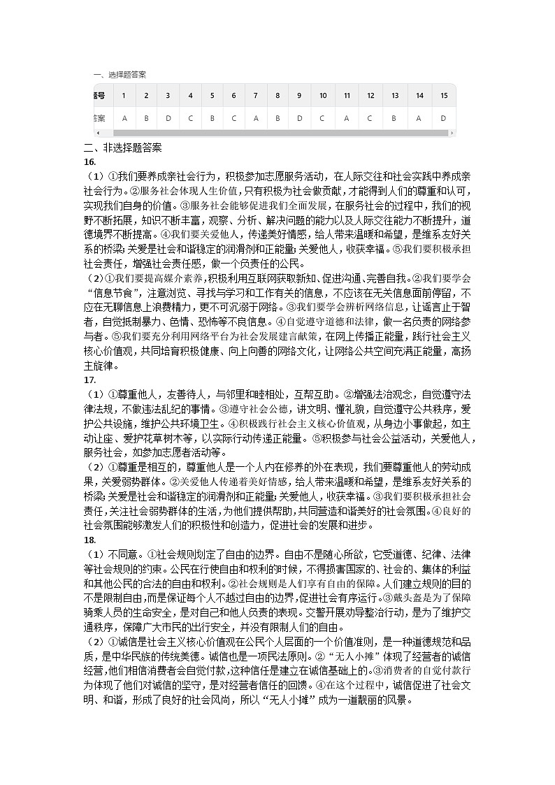 山东省潍坊市昌乐县 2024-2025学年八年级上学期11月期中道德与法治试题答案第1页