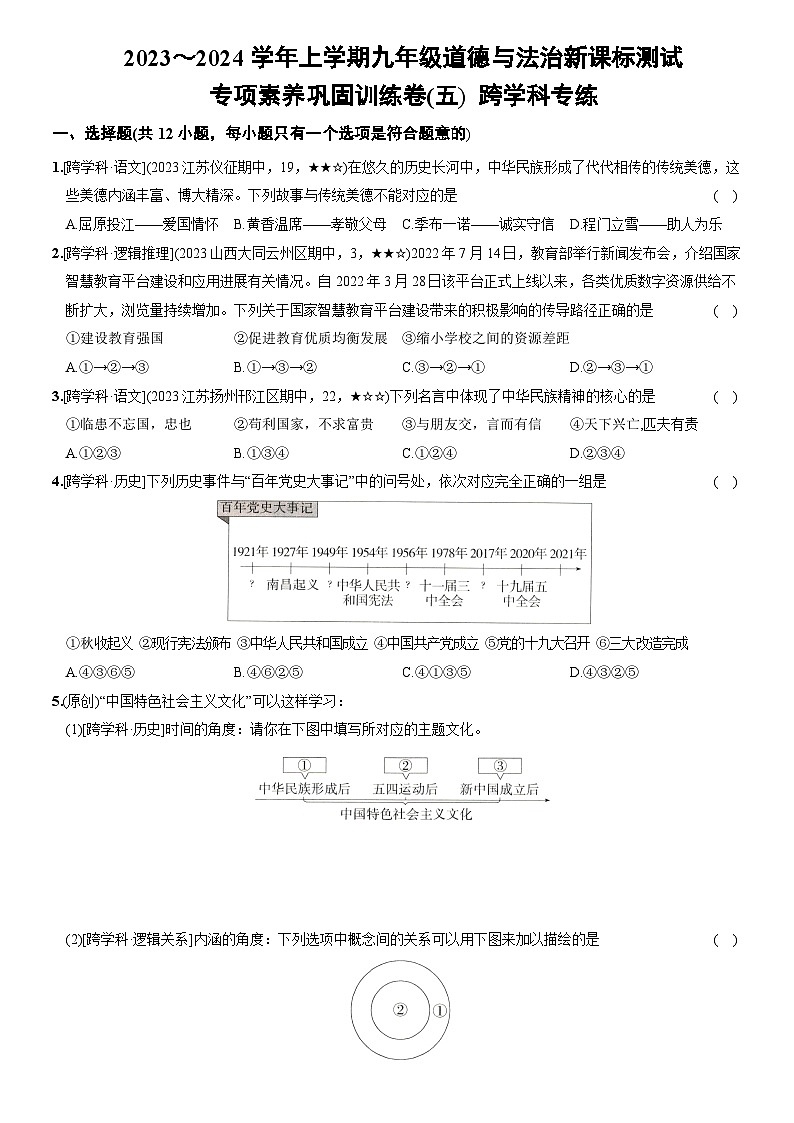 部编版九年级道德与法治上册新课标测试【卷16】专项素养巩固训练卷(五)跨学科专练(后附答案解析)第1页
