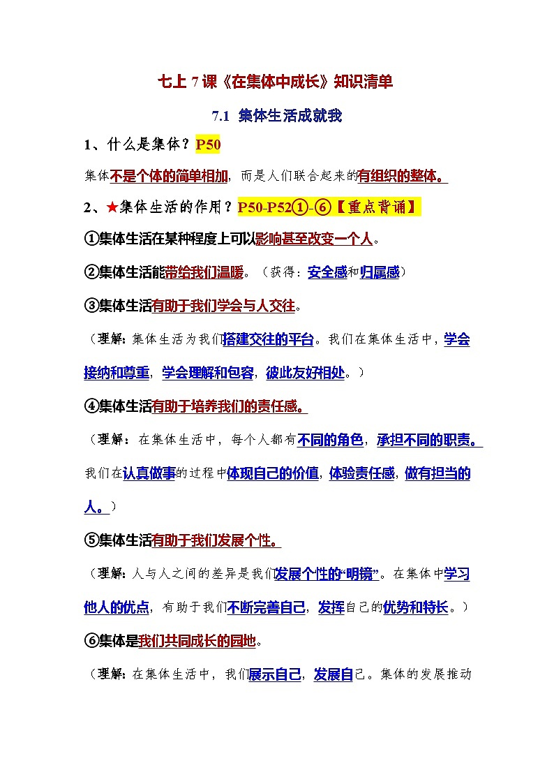 (人教版2024)七年级道德与法治上册同步第七课 在集体中成长(知识清单)第1页
