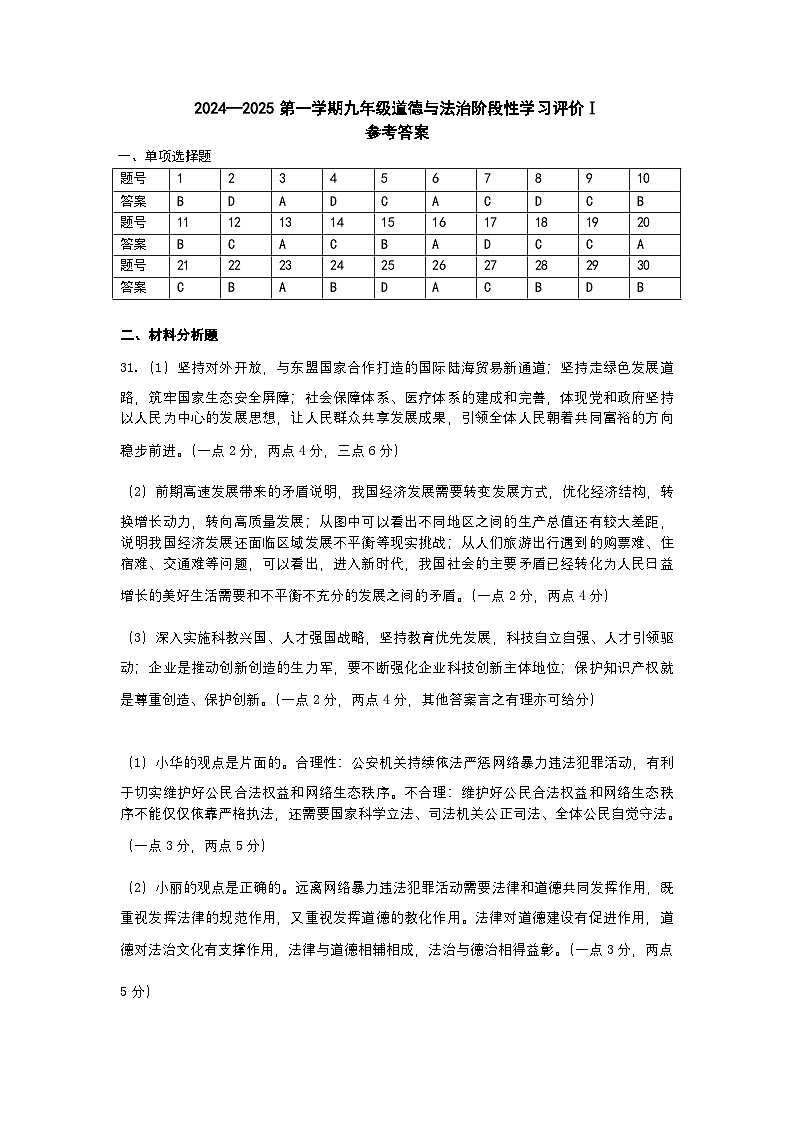 2024-2025年第一学期九年级道德与法治期中试卷答案第1页