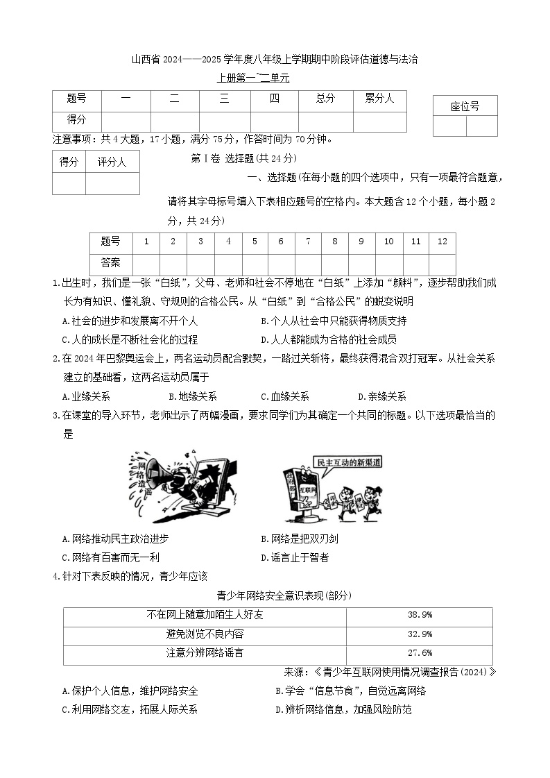 山西省晋城市部分学校2024-2025学年八年级上学期11月期中考试道德与法治试题