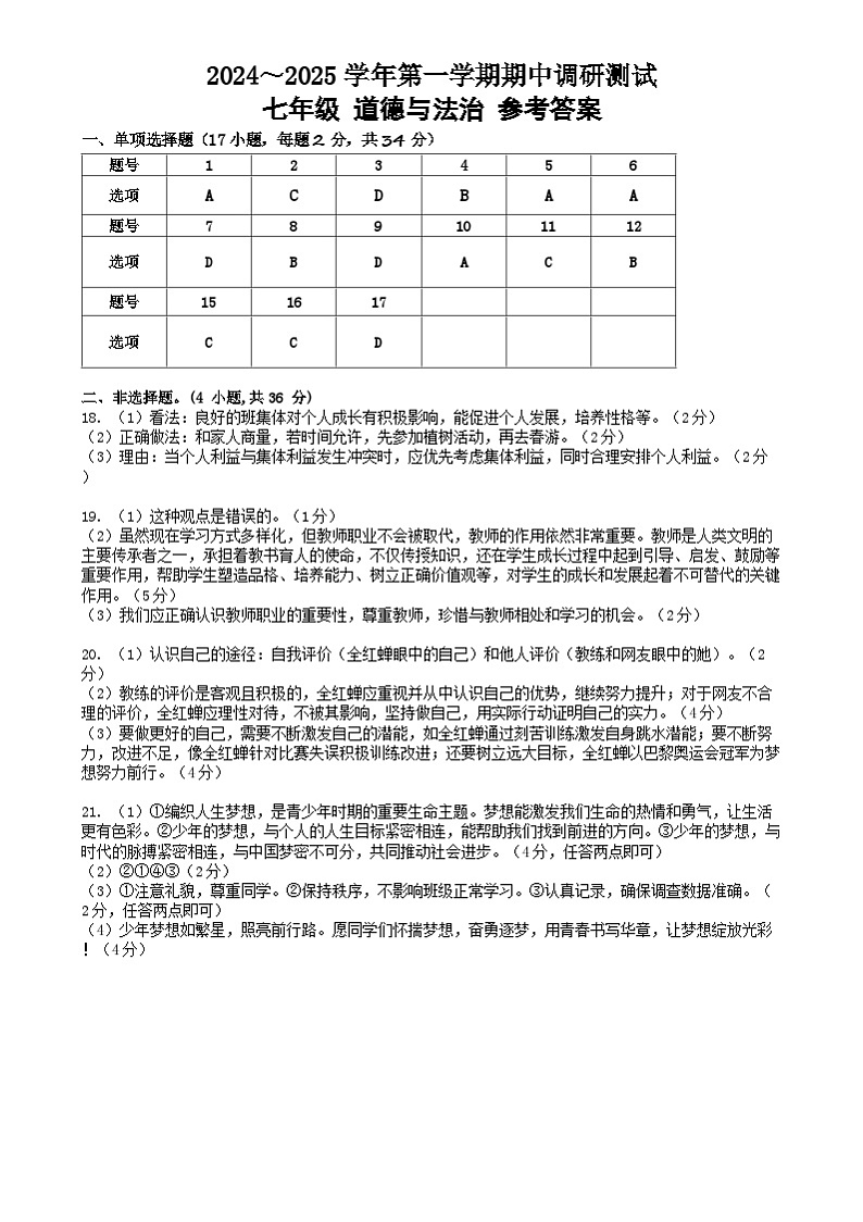 河南省驻马店市正阳县多校2024-2025学年七年级上学期11月期中道德与法治试卷参考答案第1页