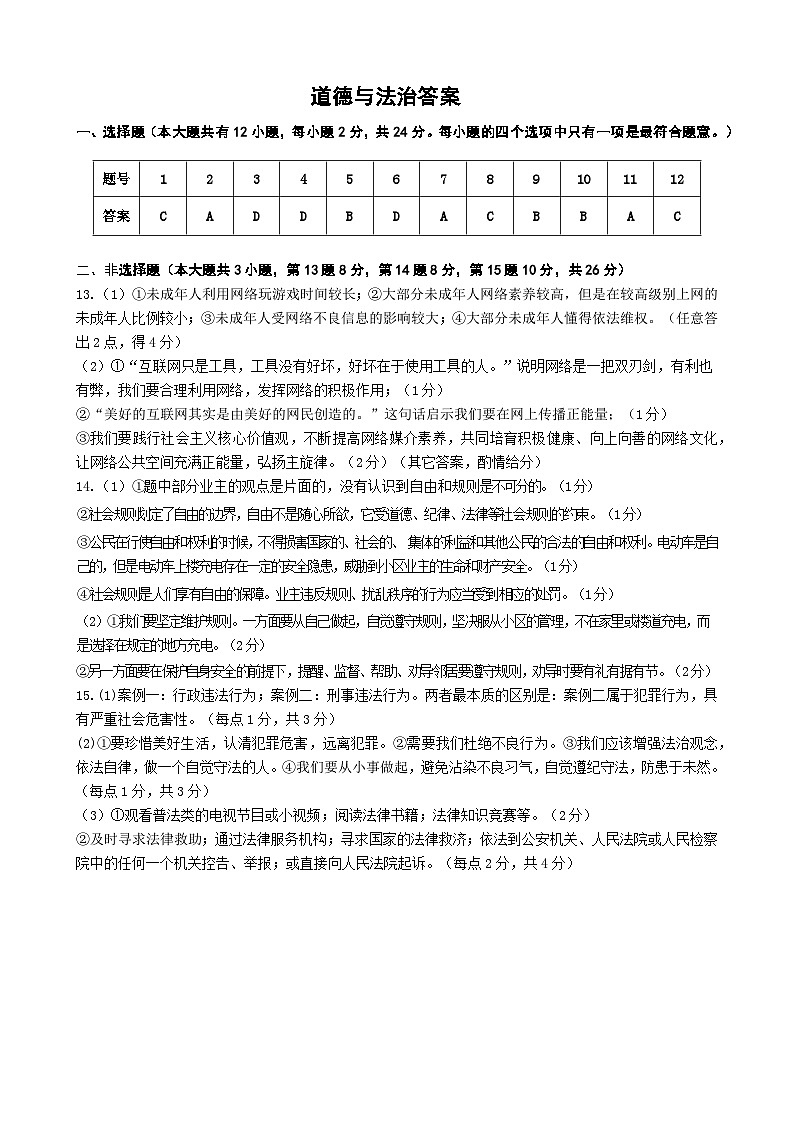 八年级道德与法治期中答案第1页