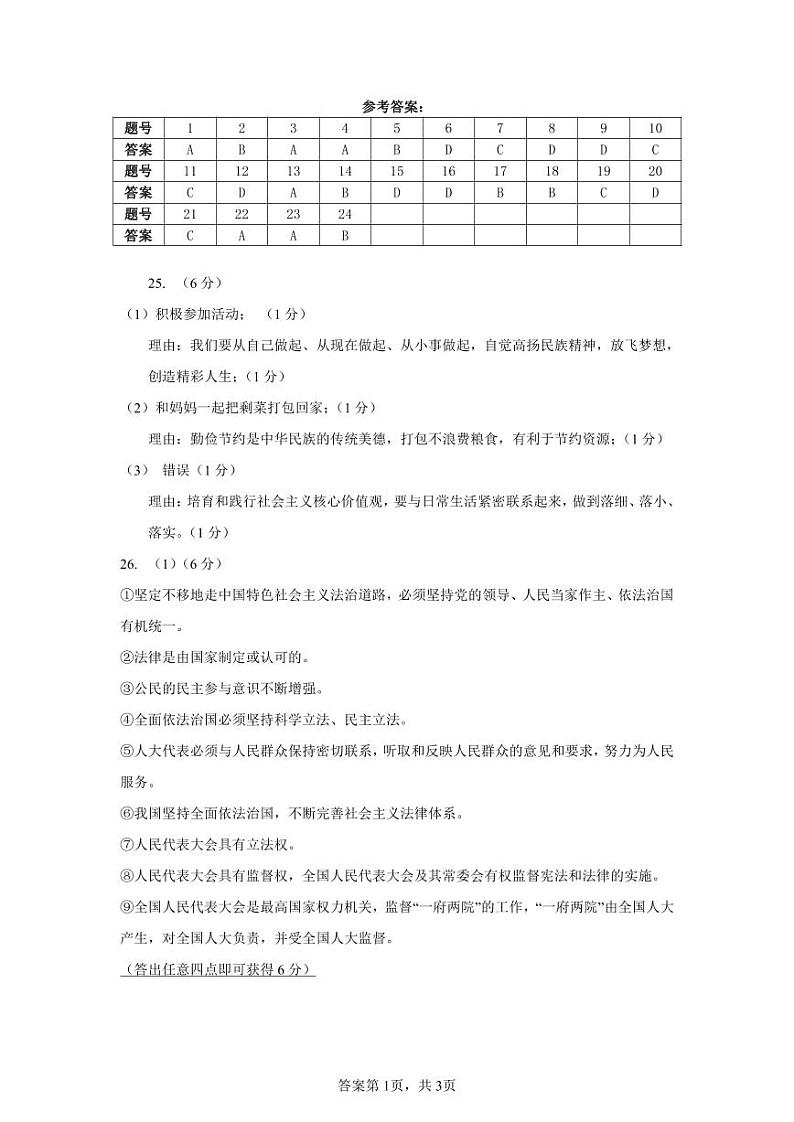 【定】九年级上学期道法第二次月考试参考答案第1页