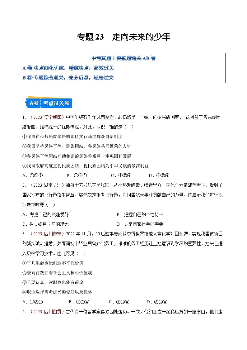 2025年中考道德与法治一轮复习考点通关练习专题23 走向未来的少年(原卷版)第1页