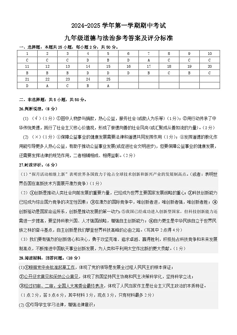 2024-2025(上)九年级道德与法治半期考答案及评分标准第1页
