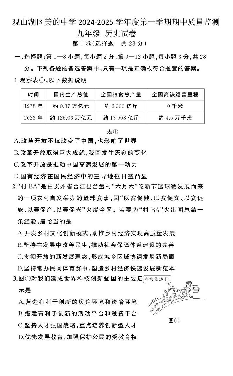 贵州省贵阳市观山湖区美的中学2024-2025学年度九年级上学期期中质量监测历史试卷第1页