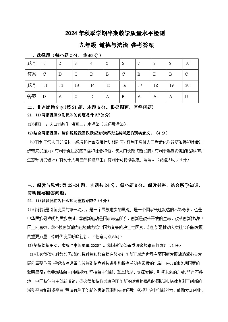 贵州省黔东南州剑河县第四中学2024年秋季学期九年级道德与法治参考答案(1)(1)第1页