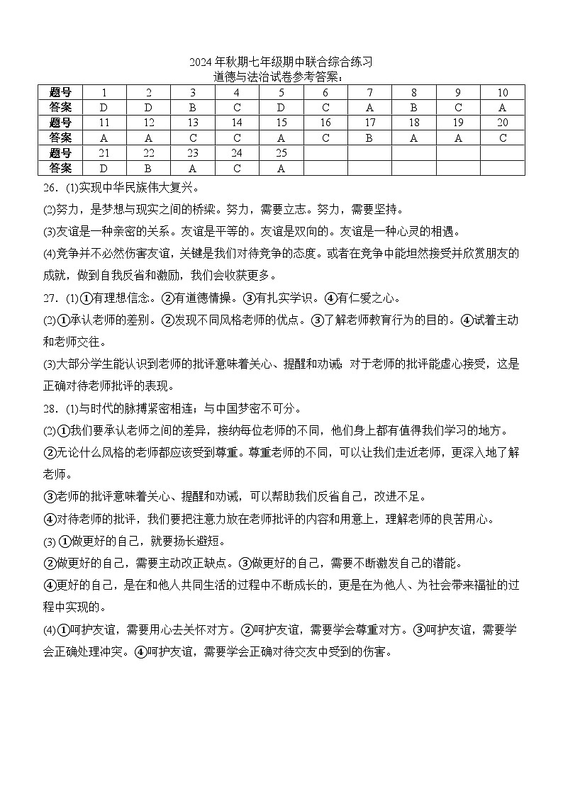 泸县四中教育共同体2024秋期七年级期中道德与法治试卷答案第1页