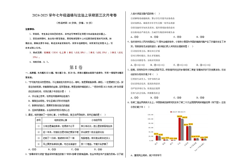 七年级道德与法治第三次月考卷(考试版A3)【测试范围:第1~3单元】(深圳专用)第1页
