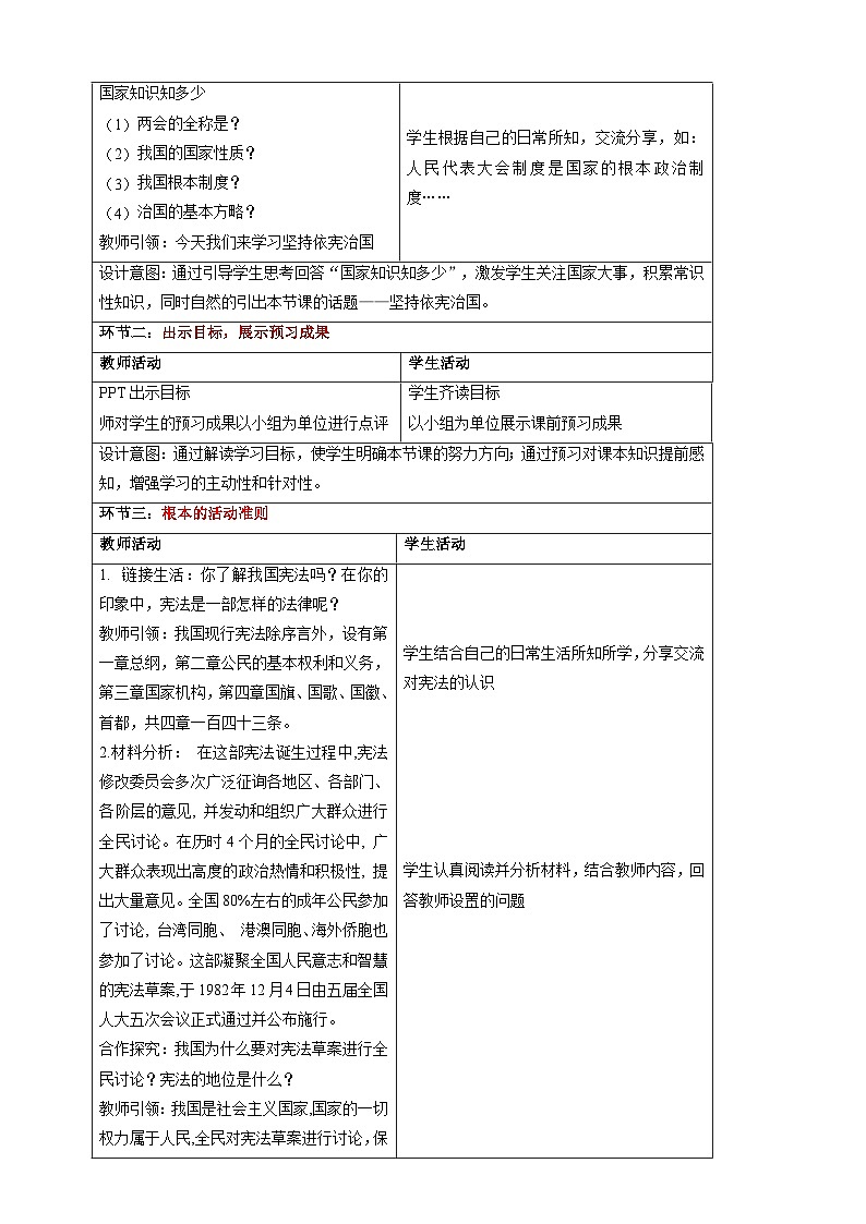 【大单元整体教学】2.1 坚持依宪治国 教学设计(表格式)人教版八年级道德与法治 下册第2页