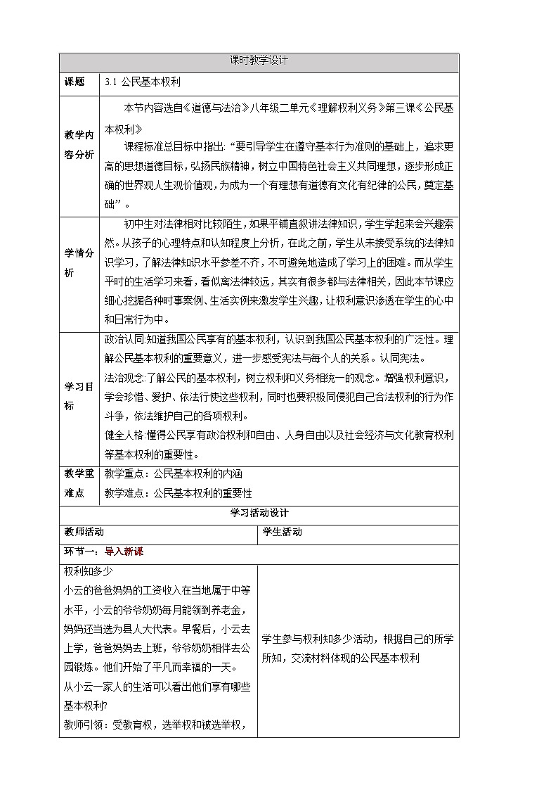 【大单元整体教学】3.1 公民基本权利 教学设计(表格式)人教版八年级道德与法治 下册第1页
