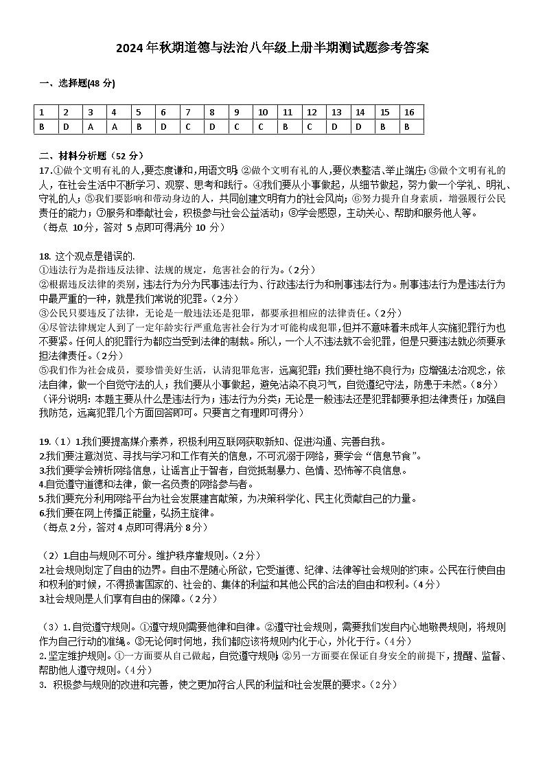2024年秋期道德与法治八年级上册半期测试题参考答案第1页