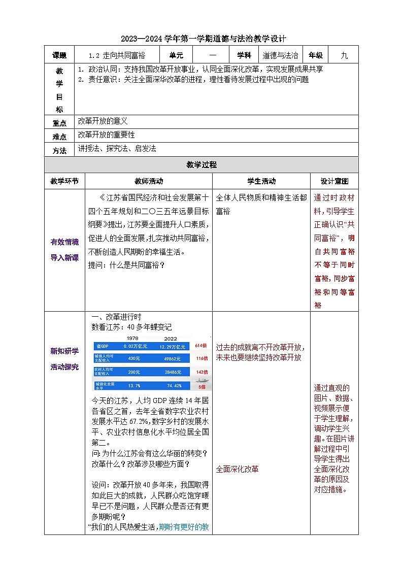 1.2走向共同富裕教学设计-2023-2024学年统编版道德与法治九年级上册第1页
