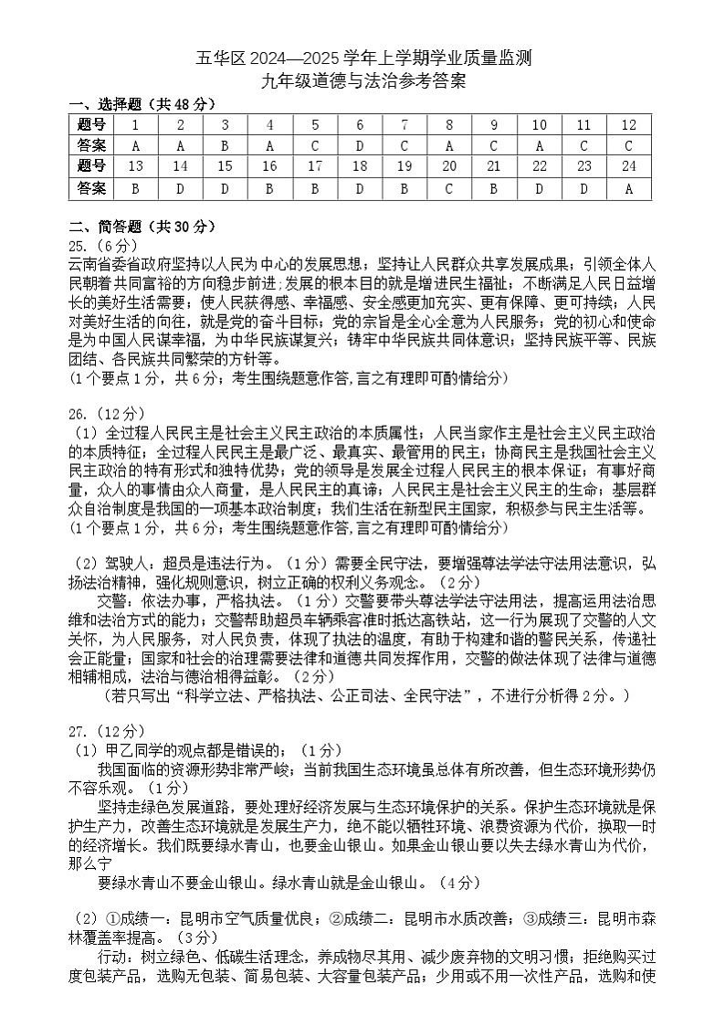 昆明市五华区2024-2025学年上学期学业质量监测九年级道德与法治试题参考答案第1页