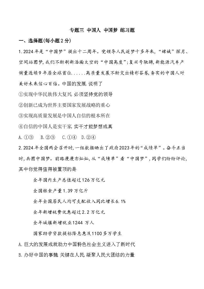 专题03 中国人 中国梦-2025年中考道德与法治一轮复习全考点练习（全国通用）（配套练习及解析）