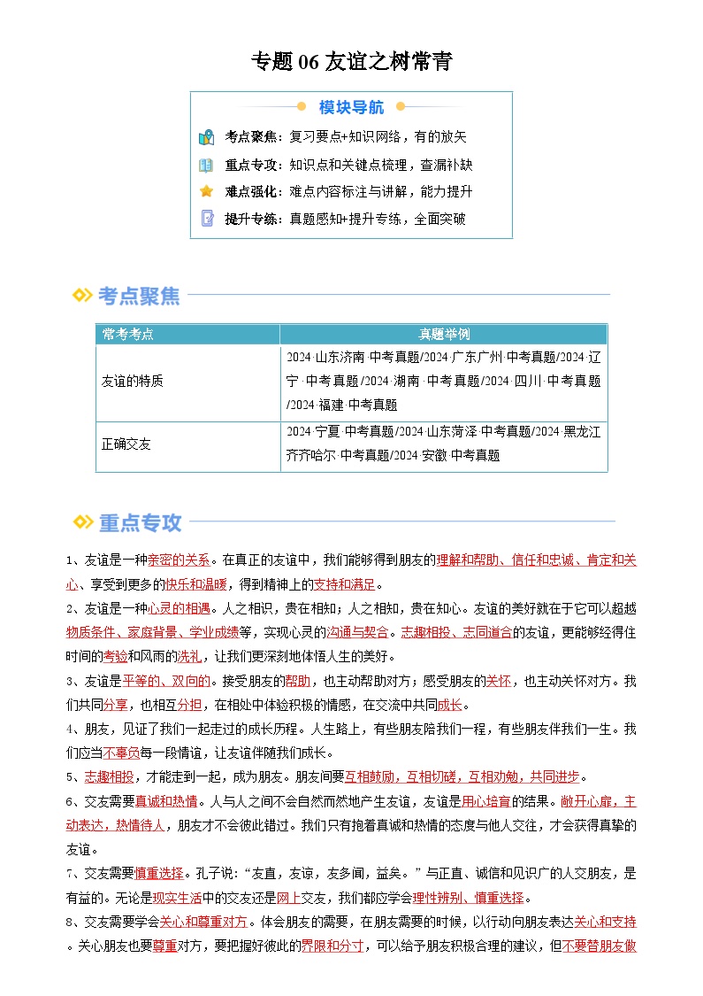 【巩固提升】专题06 友谊之树常青-人教版2024初中道德与法治七年级上册重难点复习专题训练