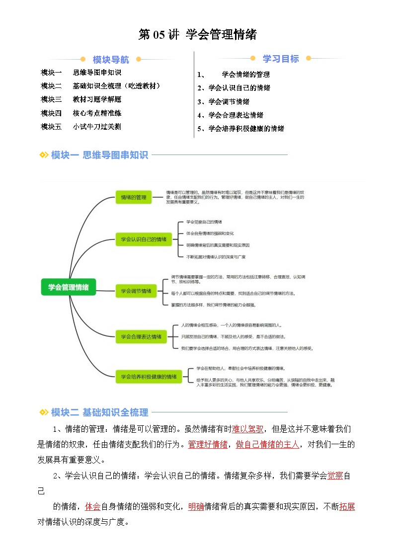 【预习新知】第05讲 学会管理情绪(知识梳理+核心考点+配套练习)-人教版2024初中道德与法治七年级上册