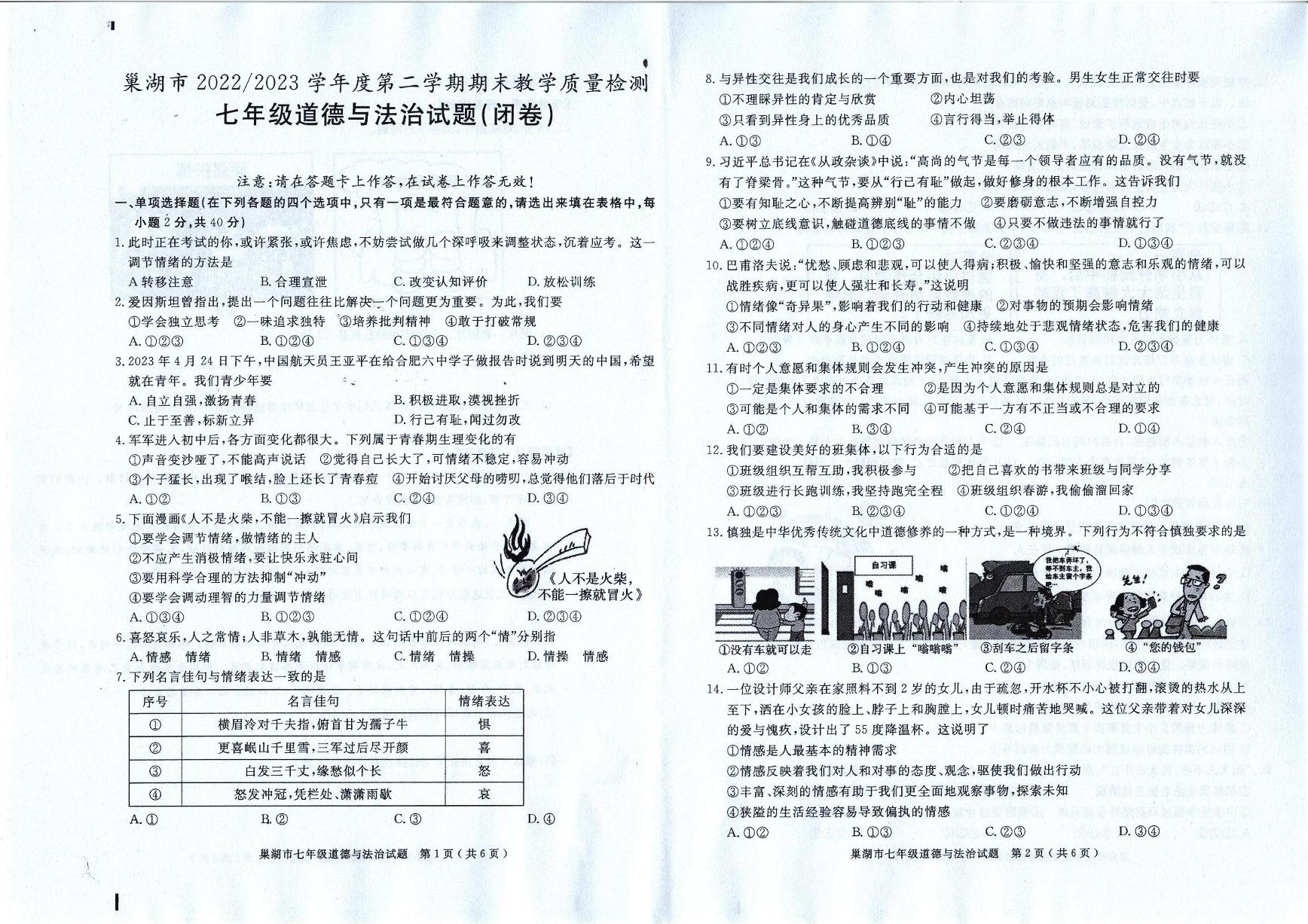 安徽省巢湖市2022-2023学年七年级下学期期末道德与法治试卷