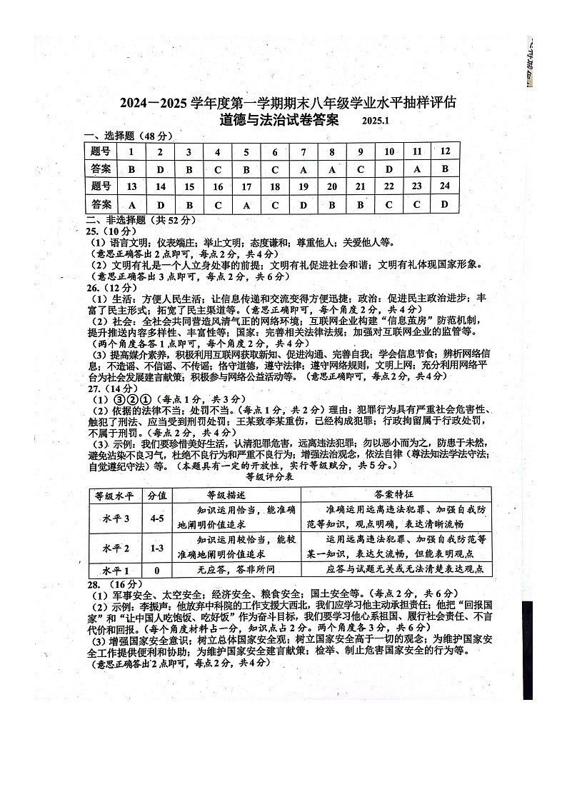 河北省唐山市2024-2025学年八年级上学期期末道德与法治试卷答案第1页