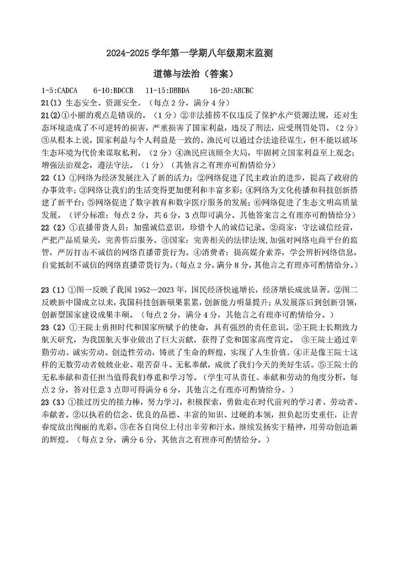 2024-2025学年度韶关市第一学期期末考试八年级道法(含答案) 2024-2025学年第一学期八年级道德与法治期末监测参考答案第1页