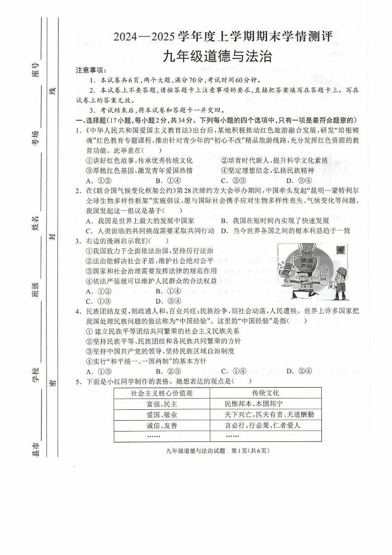 河南省驻马店市平舆县2024-2025学年九年级上学期1月期末道德与法治试题第1页