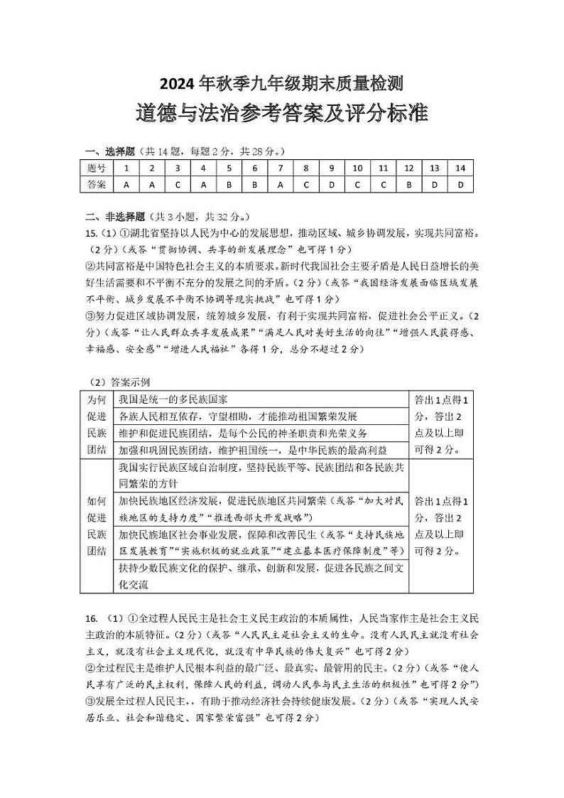 鄂州市2024年秋季九年级期末教学质量监测道法试题答案第1页
