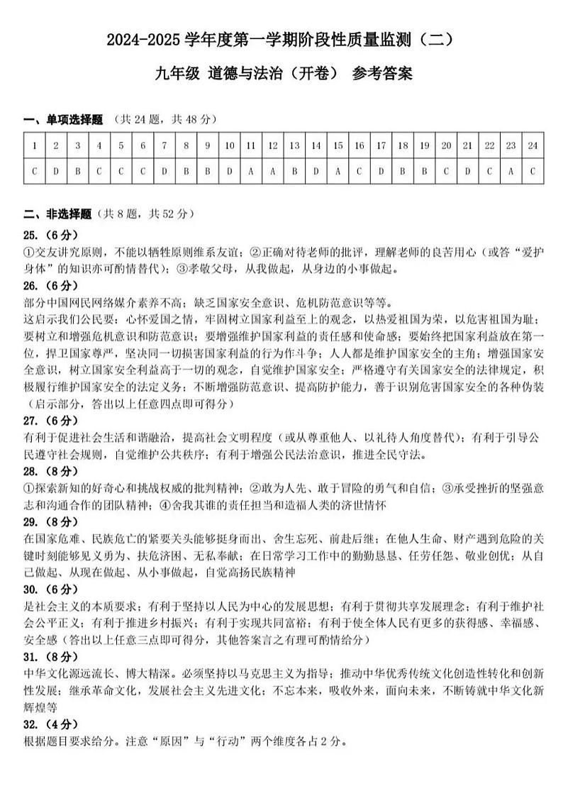 天津市南开区2024-2025学年九年级上学期期末道德与法治试题(解析版)第1页