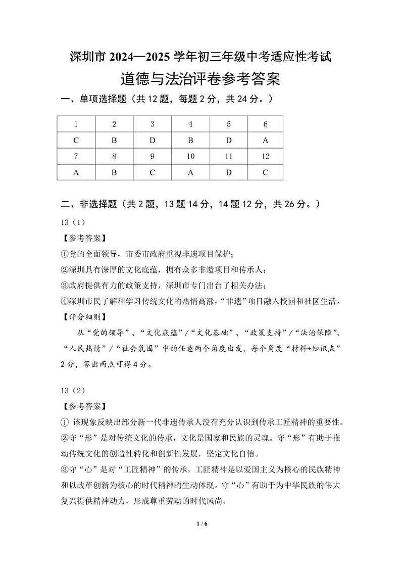 2024-2025年广东省深圳市初三适应性考试 道德与法治 期末考试试卷(参考答案)第1页