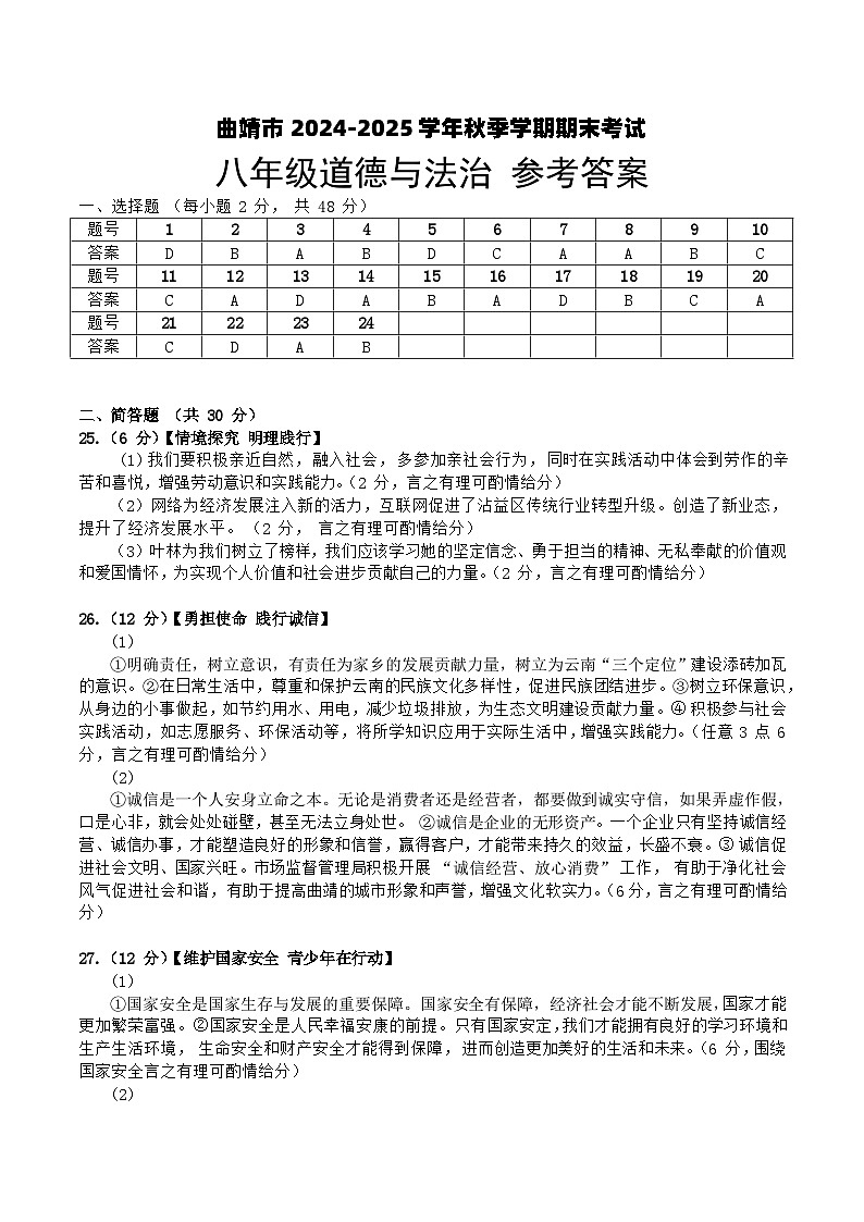 【8年级04政治】曲靖市2024-2025学年秋季学期期末考试八年级道德与法治答案(word文字版)第1页