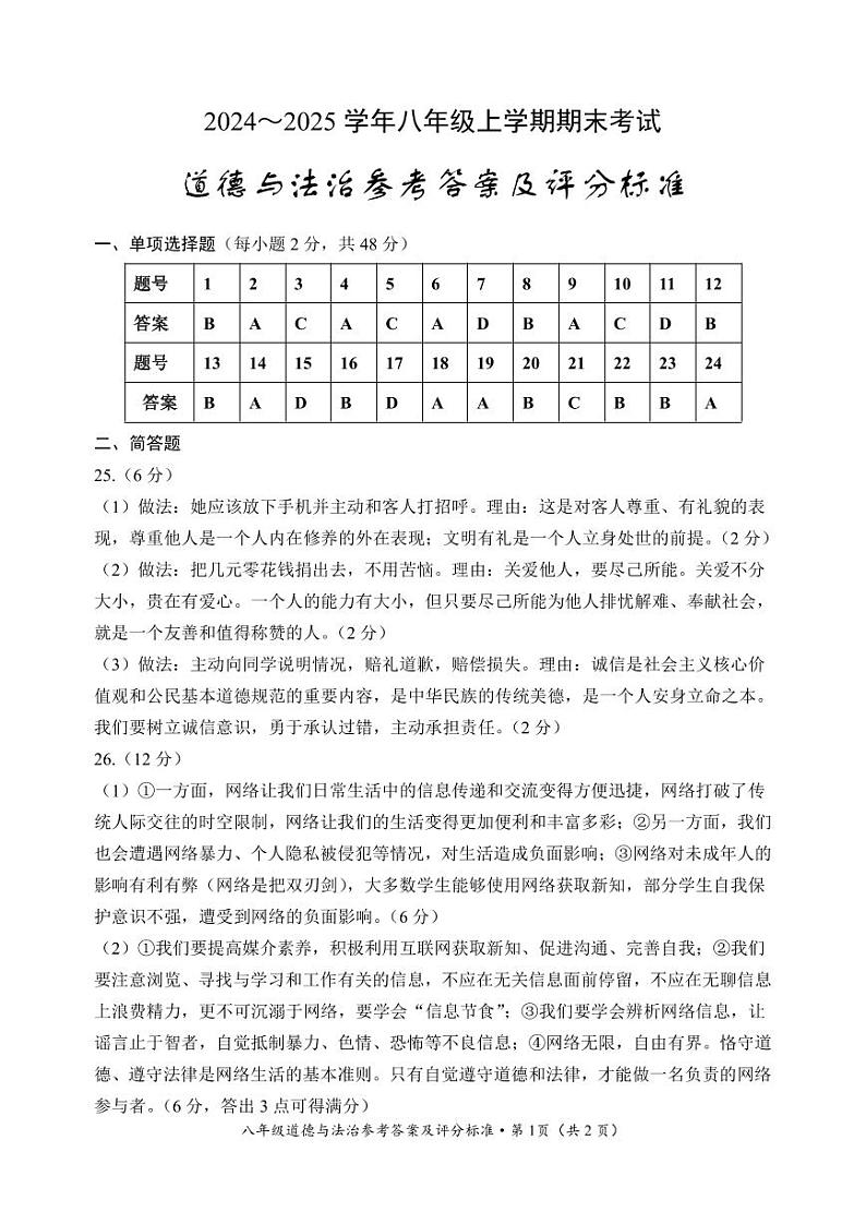 【04道法】昆明市西山区2024~2025 学年八年级上学期期末考试道法答案(pdf原卷)第1页