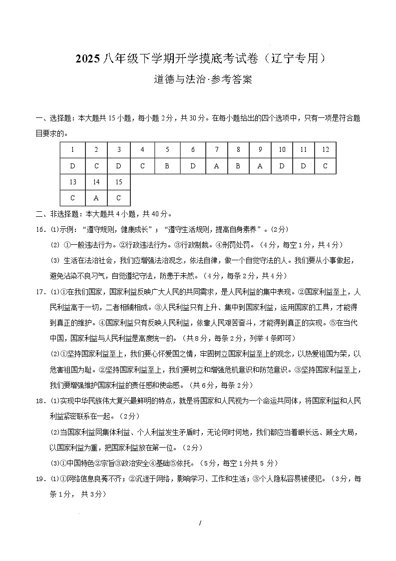 八年级道德与法治开学摸底考(辽宁专用)(参考答案)第1页