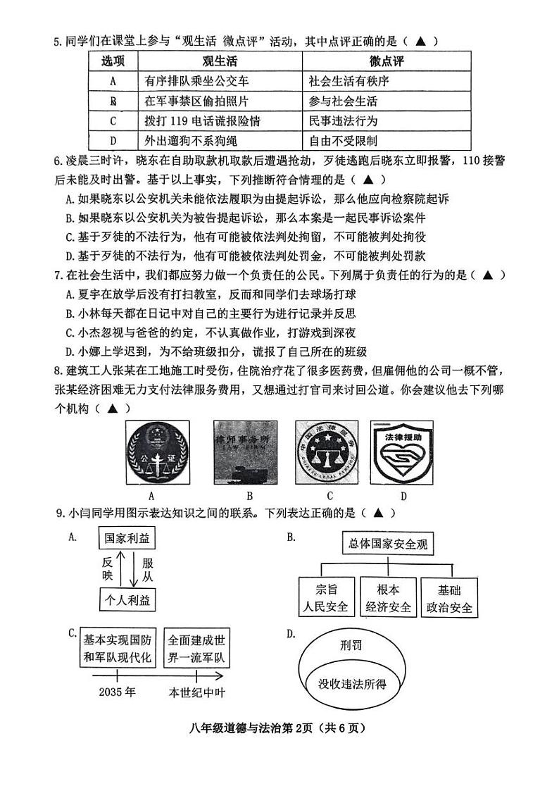 山西省晋中市太谷区2024-2025学年八年级上学期1月期末道德与法治试题第2页