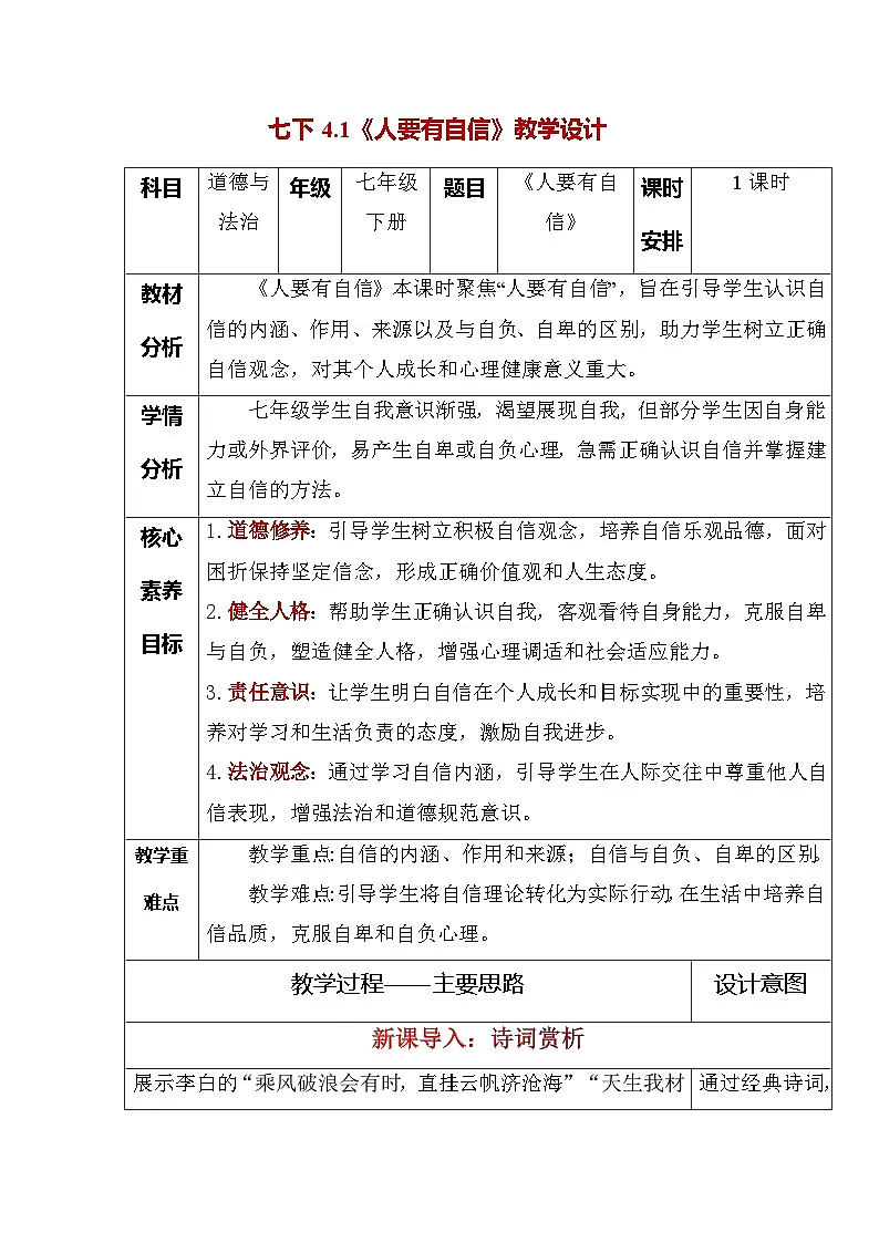 4.1人要有自信(教学设计) -2024-2025学年统编版道德与法治七年级下册第1页