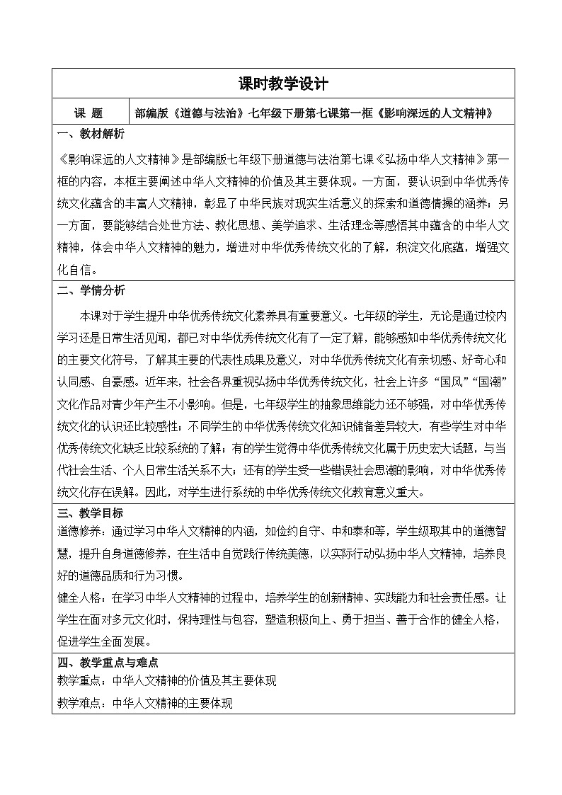 7.1影响深远的人文精神 教学设计 -2024-2025学年统编版道德与法治七年级下册第1页