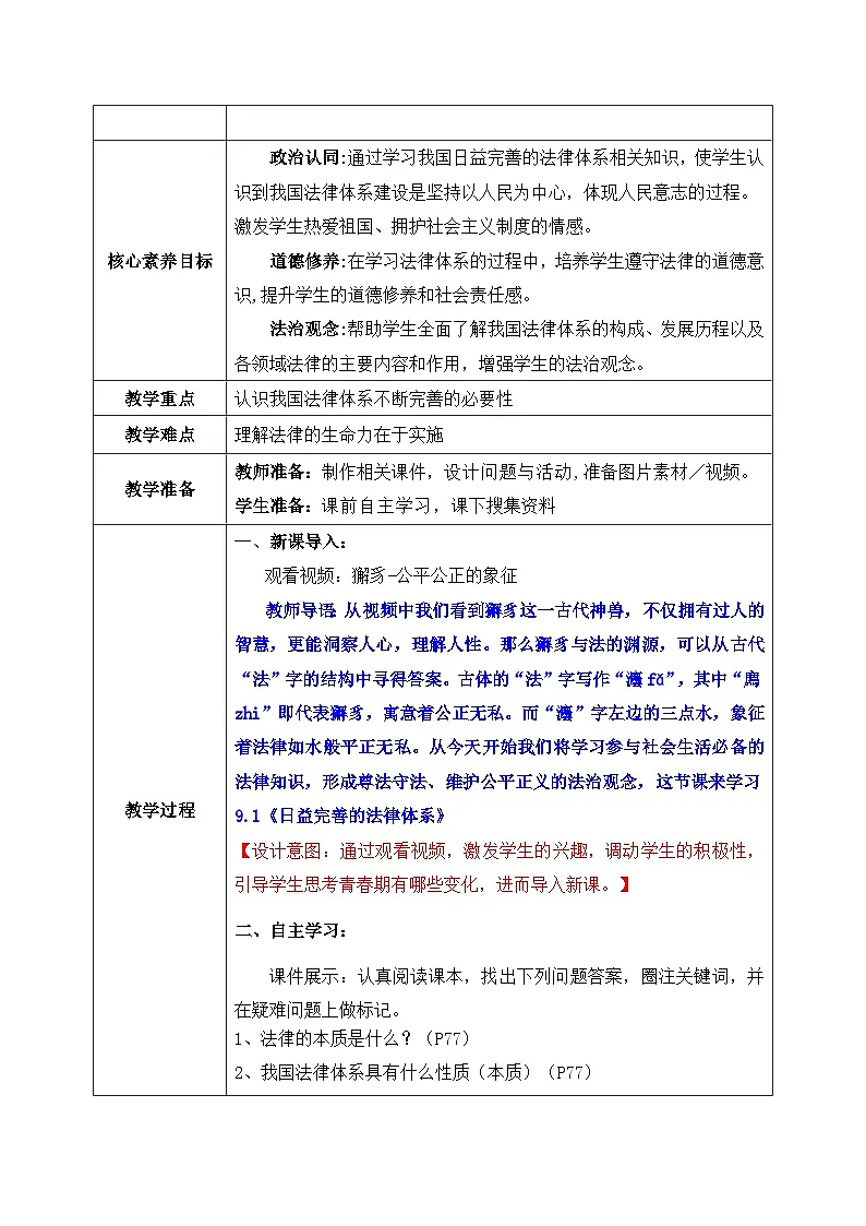 9.1《日益完善的法律体系》2025年春新版教材七年级下册道德与法治教案第2页