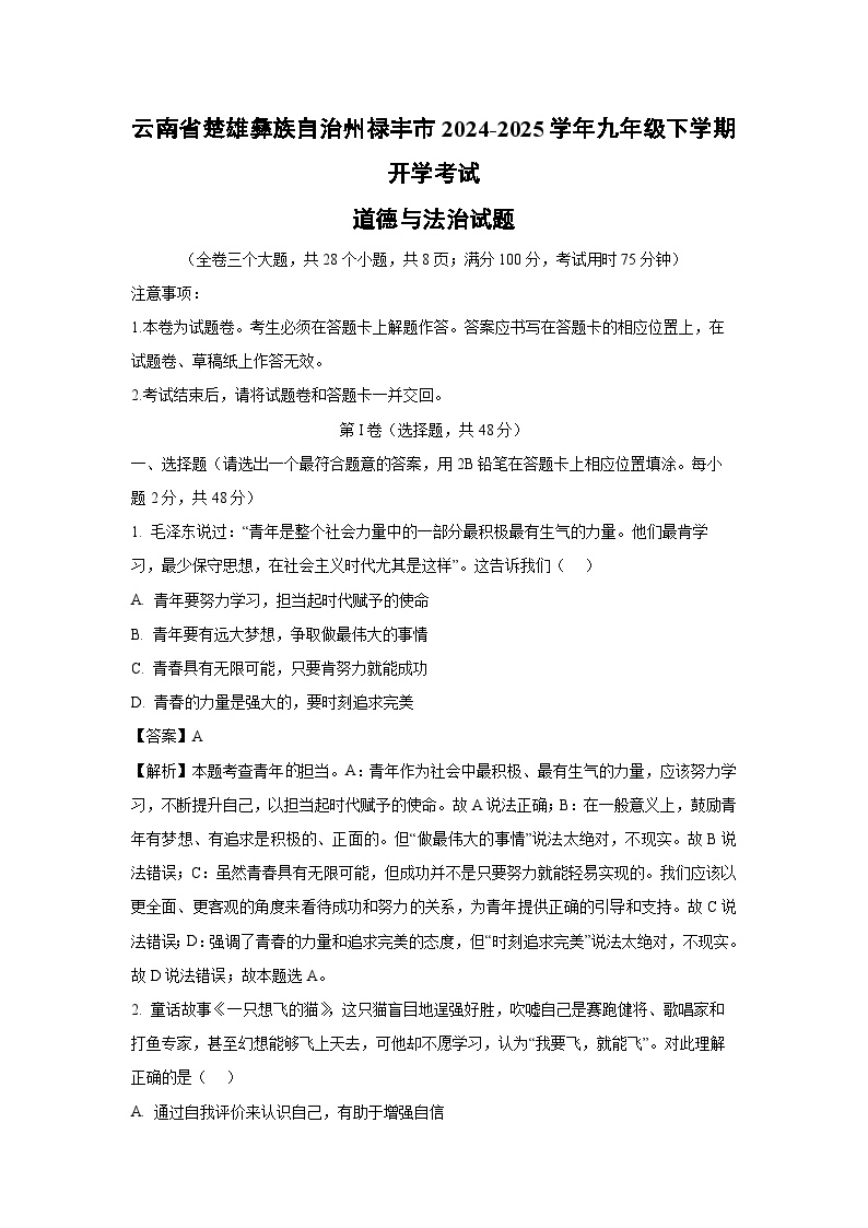 云南省楚雄彝族自治州禄丰市2024-2025学年九年级下学期开学考试道德与法治试卷（解析版）