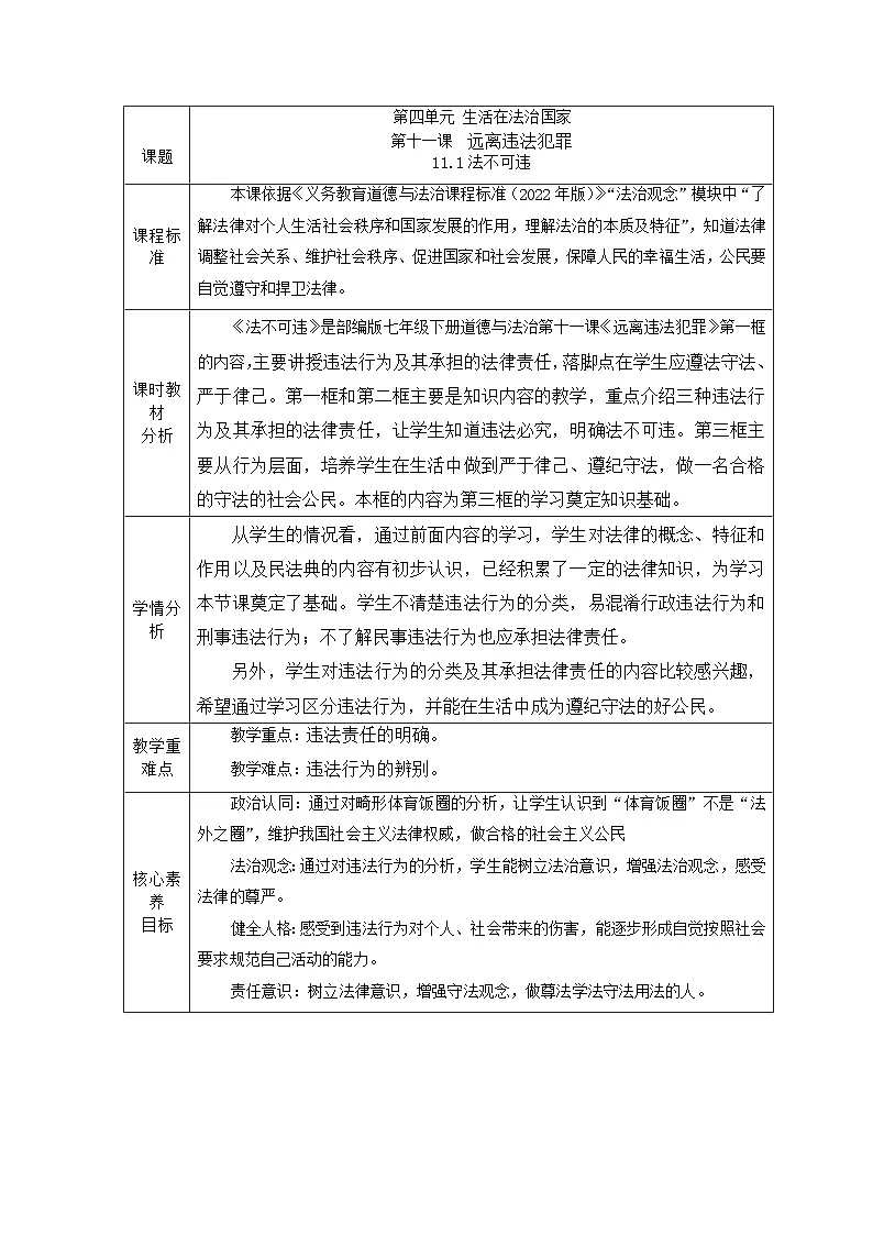 统编版道德与法治7年级下册11.1法不可违 教学设计第1页