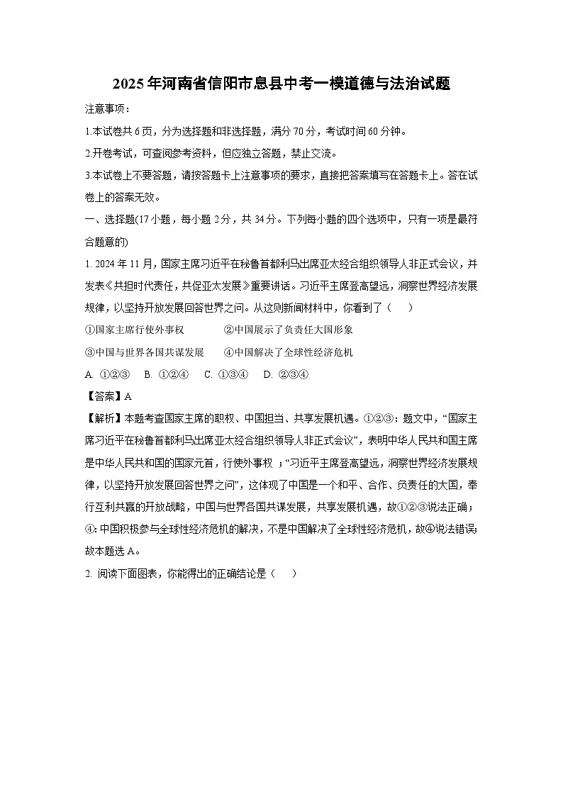 2025年河南省信阳市息县中考一模道德与法治试题(解析版)第1页