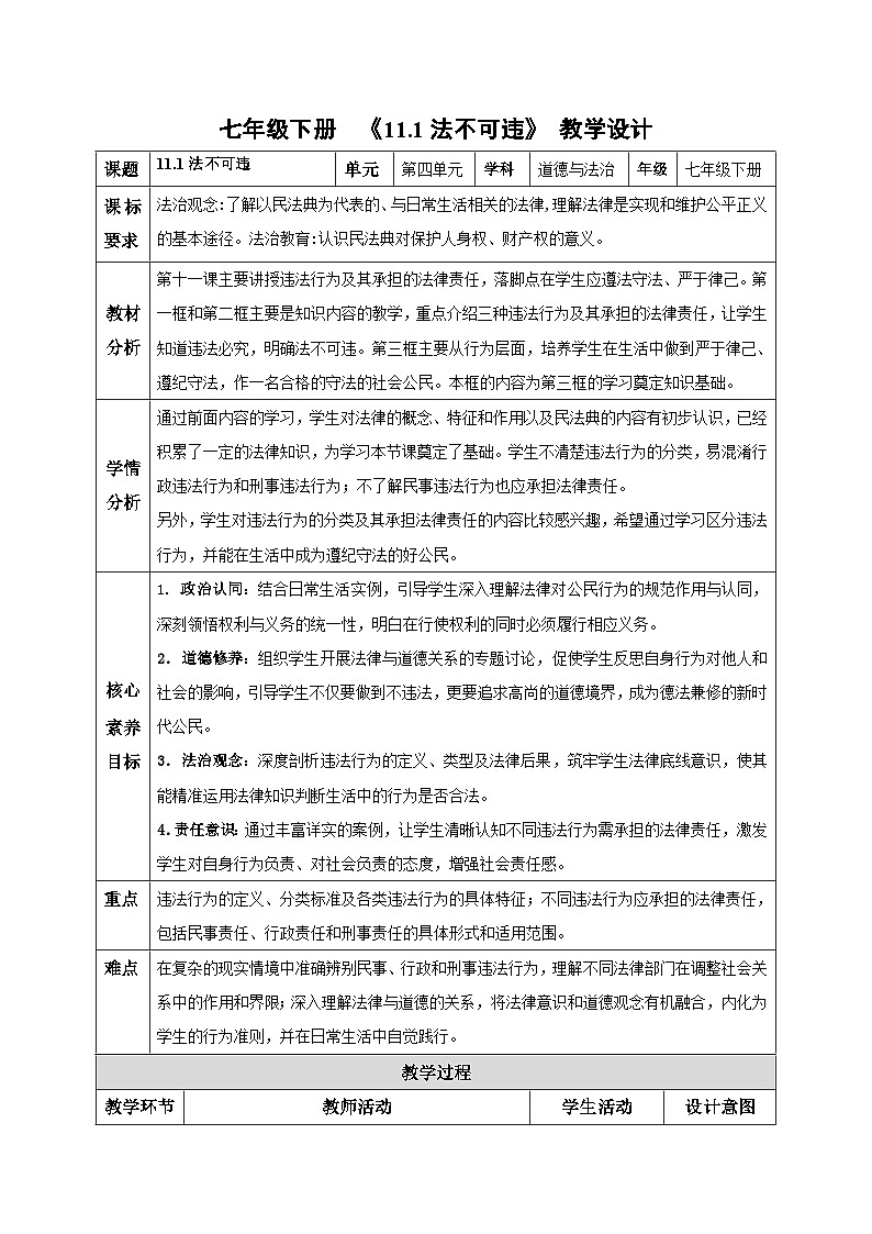 11.1法不可违(教学设计)2024-2025学年七年级道德与法治下册(统编版2024)第1页