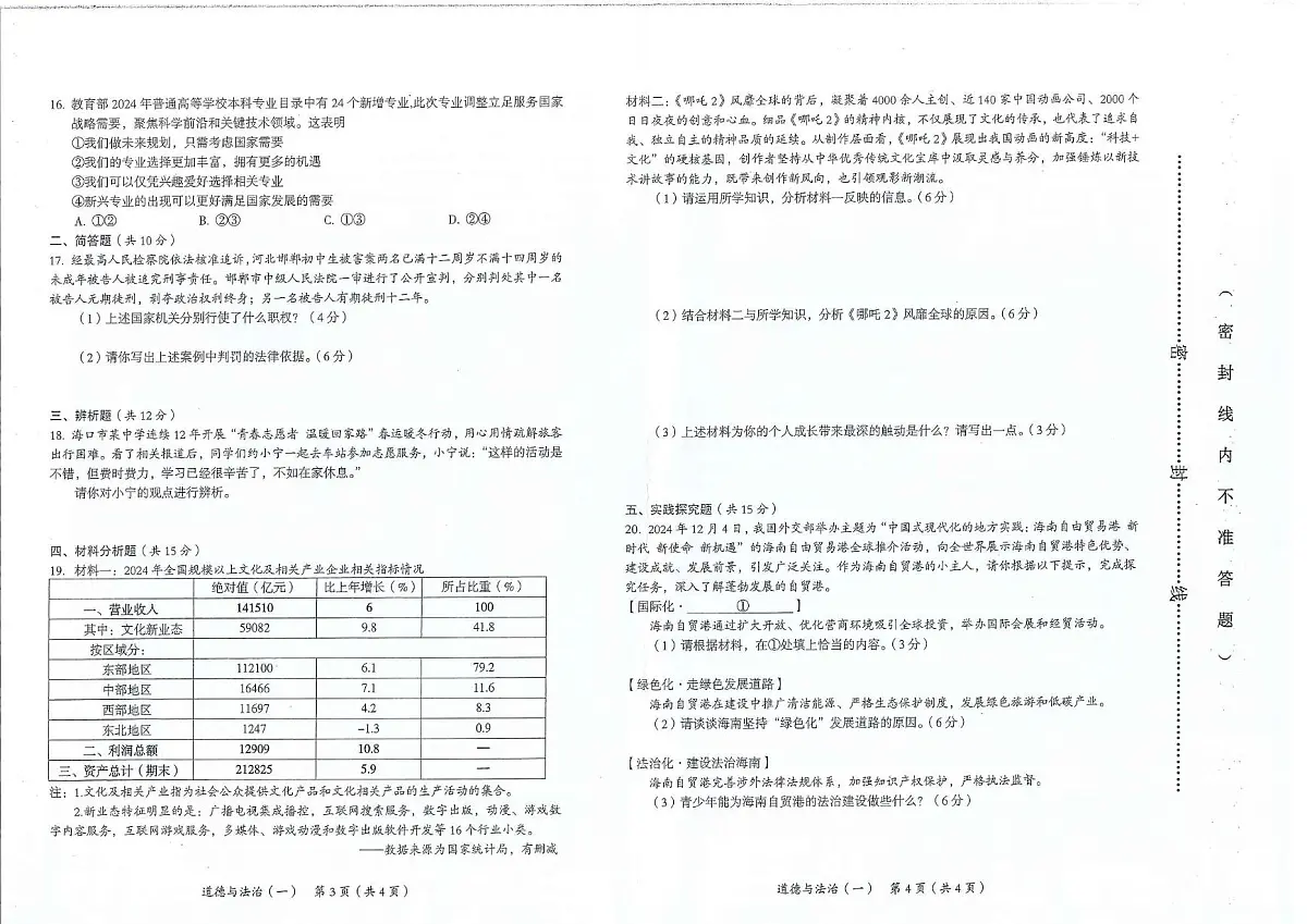 2025年海南省三亚部分学校中考一模道德与法治试题(中考模拟)第2页